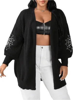 GORGLITTER Women's Plus Size Spider Web Oversized Cardigan Sweaters Embroidered Open Front Long Cardigans Fall Outwear