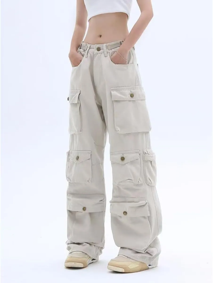 Gothic American Multi Pocket Work Pants, Women's Street Wide Leg Design, Versatile Trendy Casual Pants Hiphop