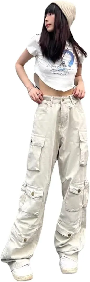 Gothic American Multi Pocket Work Pants, Women's Street Wide Leg Design, Versatile Trendy Casual Pants Hiphop