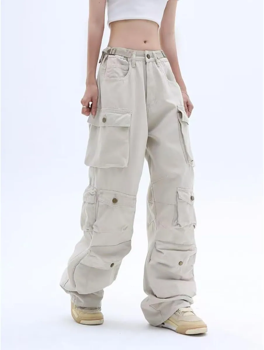Gothic American Multi Pocket Work Pants, Women's Street Wide Leg Design, Versatile Trendy Casual Pants Hiphop