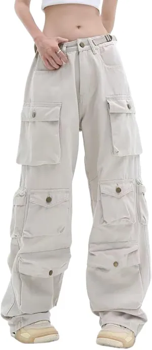 Gothic American Multi Pocket Work Pants, Women's Street Wide Leg Design, Versatile Trendy Casual Pants Hiphop