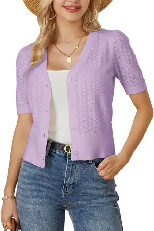GRACE KARIN Cropped Cardigan Sweaters for Women Short Sleeve Crochet Knit Bolero Shrug V-Neck Button up Tops