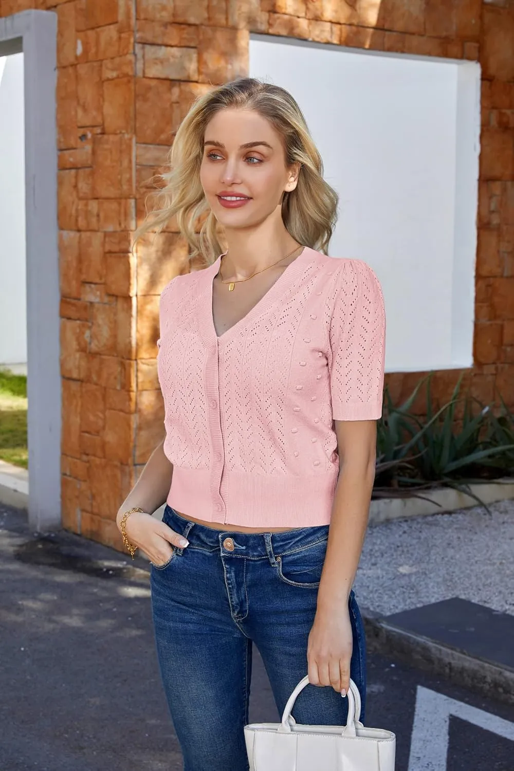 GRACE KARIN Cropped Cardigan Sweaters for Women Short Sleeve Crochet Knit Bolero Shrug V-Neck Button up Tops