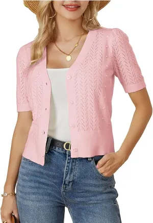 GRACE KARIN Cropped Cardigan Sweaters for Women Short Sleeve Crochet Knit Bolero Shrug V-Neck Button up Tops