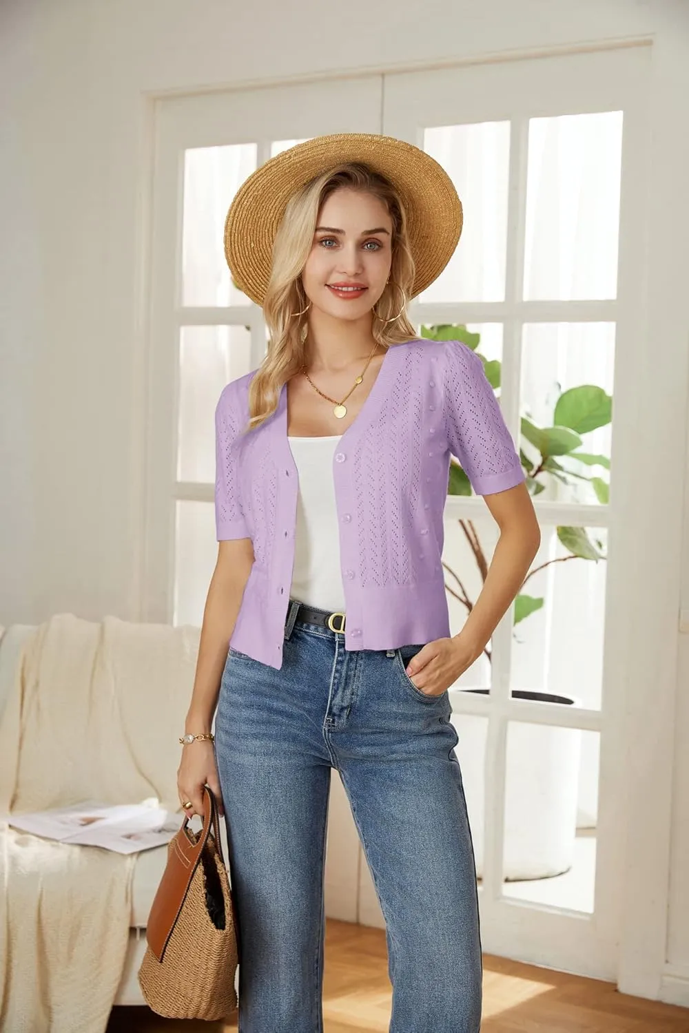 GRACE KARIN Cropped Cardigan Sweaters for Women Short Sleeve Crochet Knit Bolero Shrug V-Neck Button up Tops