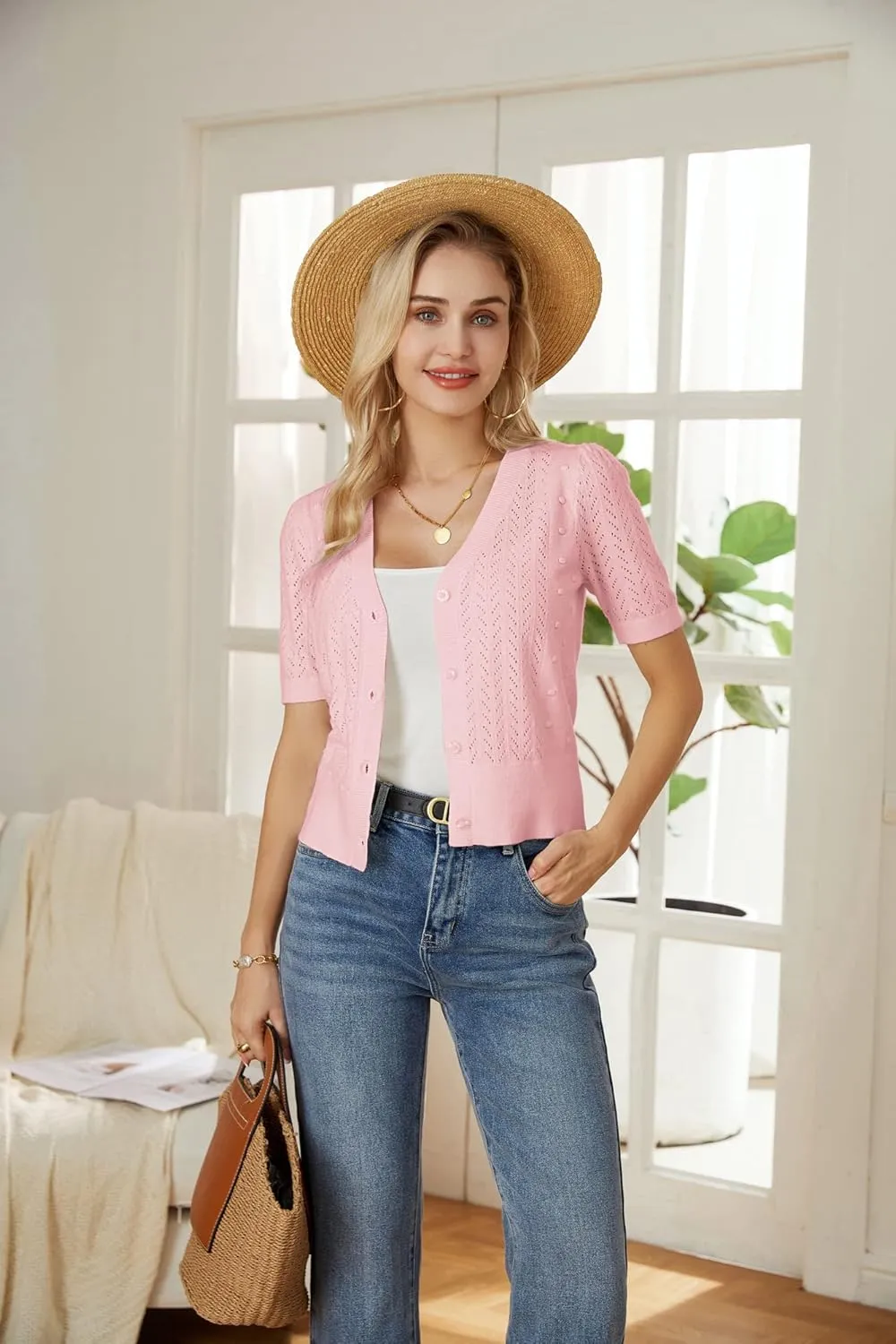 GRACE KARIN Cropped Cardigan Sweaters for Women Short Sleeve Crochet Knit Bolero Shrug V-Neck Button up Tops