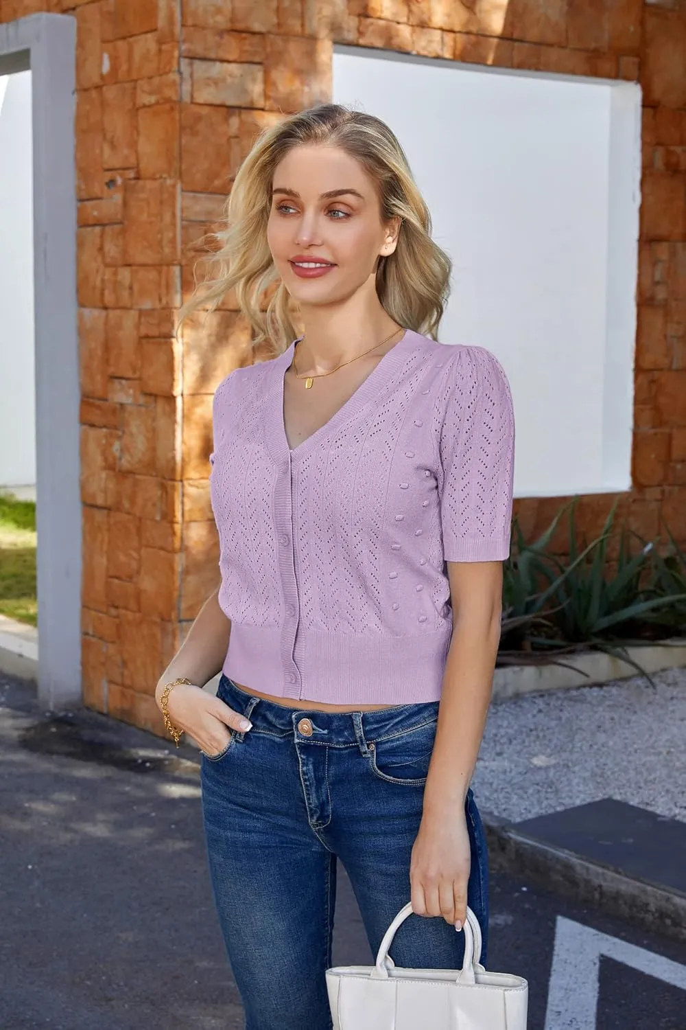 GRACE KARIN Cropped Cardigan Sweaters for Women Short Sleeve Crochet Knit Bolero Shrug V-Neck Button up Tops
