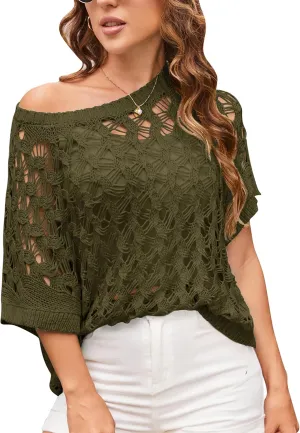 GRACE KARIN Women's 2025 Spring Summer Crochet Tops Scoop Neck Pullover Sweater Short Sleeve Off Shoulder Knit Beach Coverup