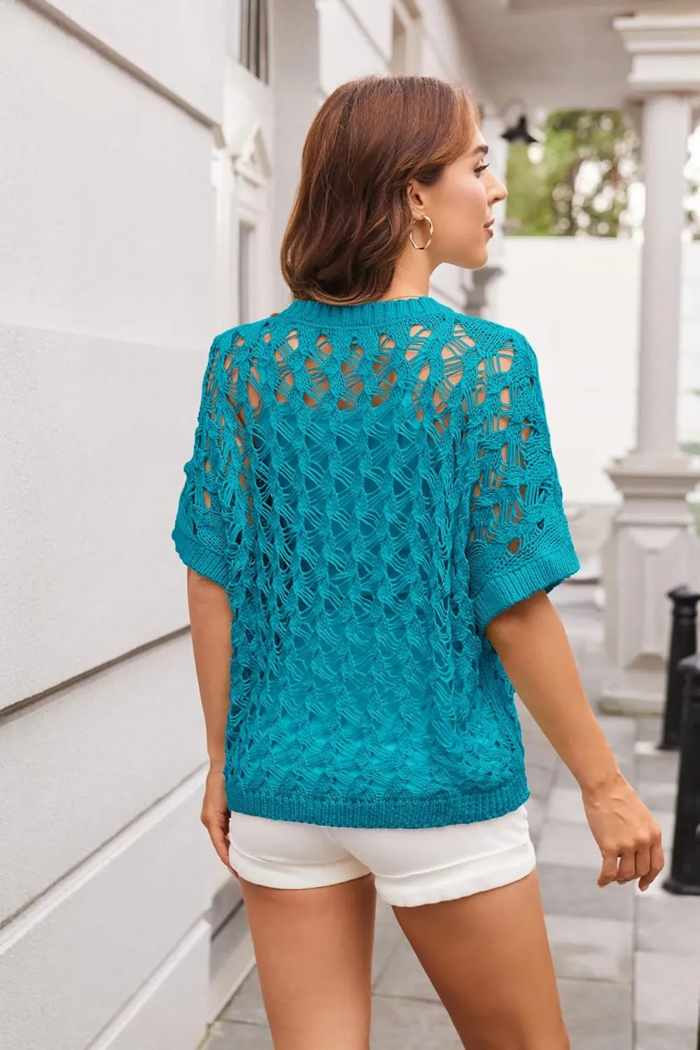 GRACE KARIN Women's 2025 Spring Summer Crochet Tops Scoop Neck Pullover Sweater Short Sleeve Off Shoulder Knit Beach Coverup