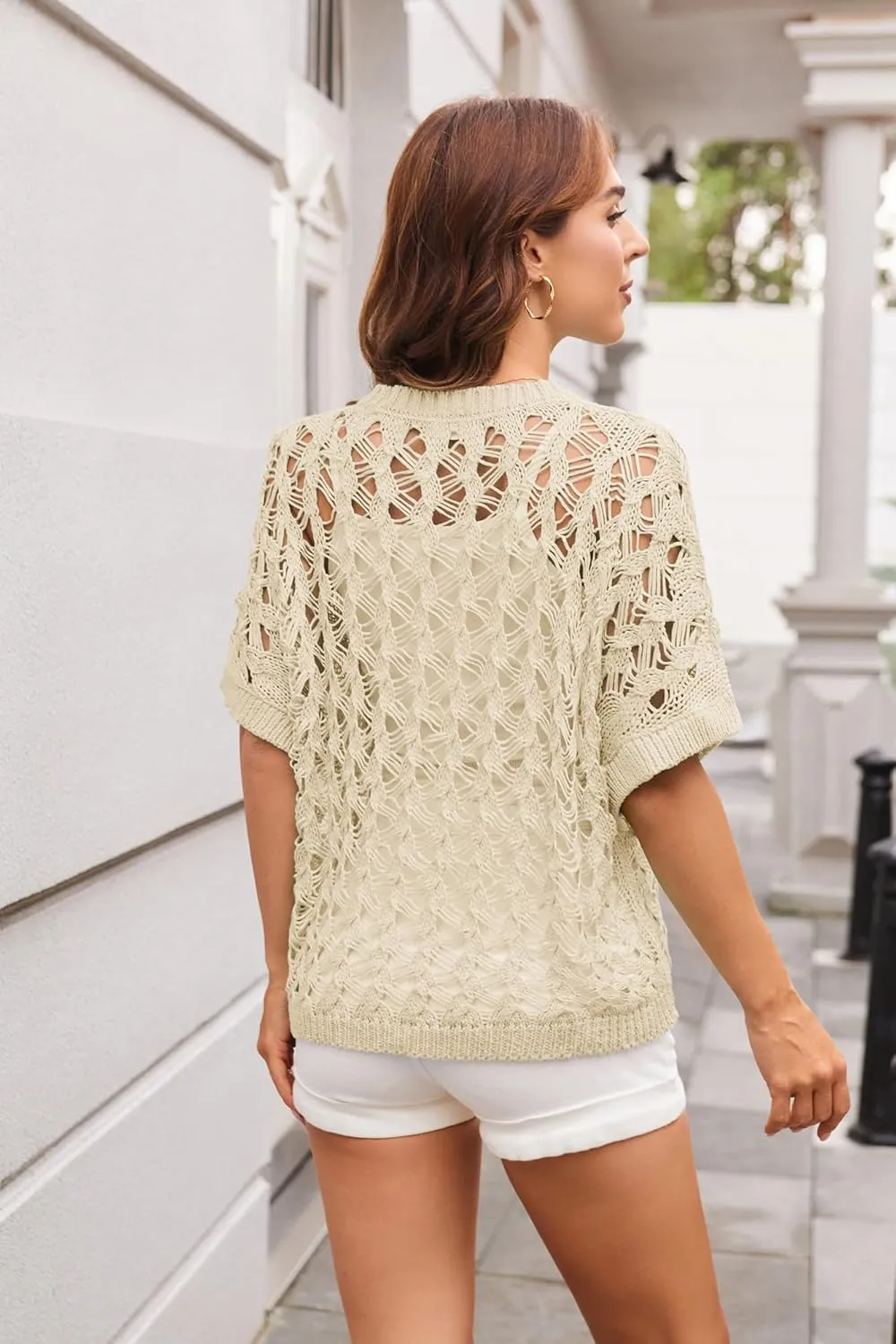 GRACE KARIN Women's 2025 Spring Summer Crochet Tops Scoop Neck Pullover Sweater Short Sleeve Off Shoulder Knit Beach Coverup