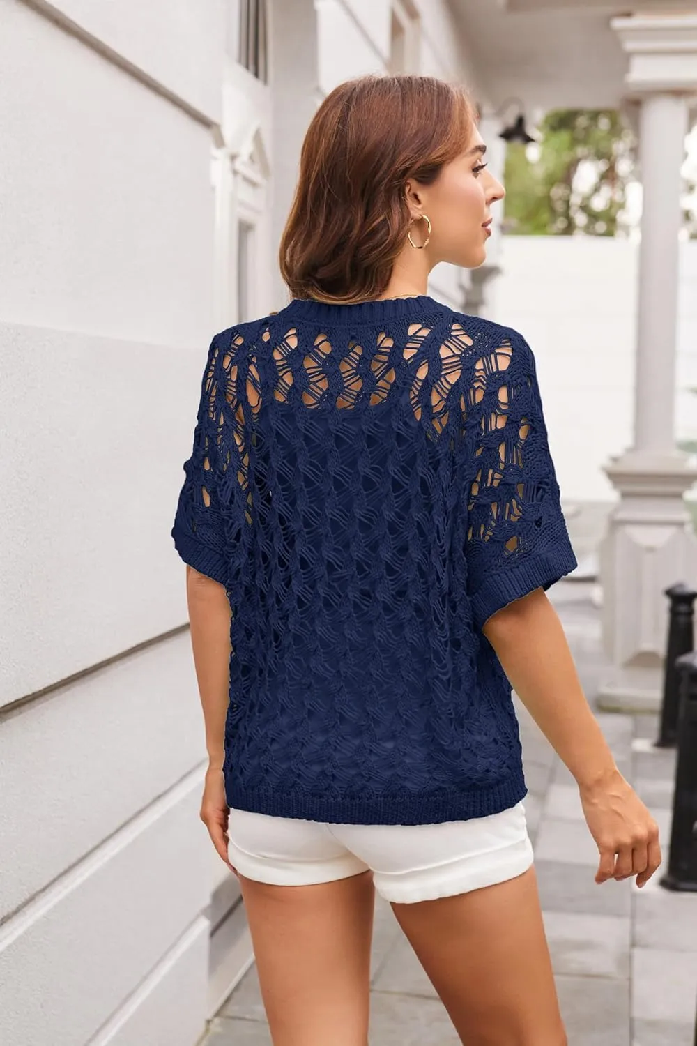 GRACE KARIN Women's 2025 Spring Summer Crochet Tops Scoop Neck Pullover Sweater Short Sleeve Off Shoulder Knit Beach Coverup