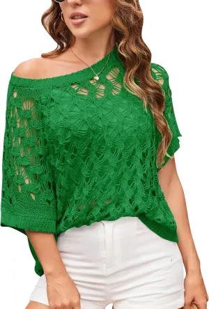 GRACE KARIN Women's 2025 Spring Summer Crochet Tops Scoop Neck Pullover Sweater Short Sleeve Off Shoulder Knit Beach Coverup