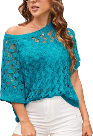 GRACE KARIN Women's 2025 Spring Summer Crochet Tops Scoop Neck Pullover Sweater Short Sleeve Off Shoulder Knit Beach Coverup