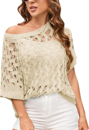 GRACE KARIN Women's 2025 Spring Summer Crochet Tops Scoop Neck Pullover Sweater Short Sleeve Off Shoulder Knit Beach Coverup
