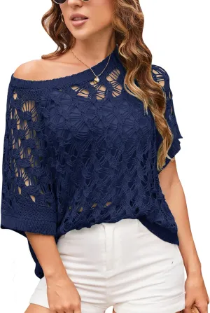 GRACE KARIN Women's 2025 Spring Summer Crochet Tops Scoop Neck Pullover Sweater Short Sleeve Off Shoulder Knit Beach Coverup