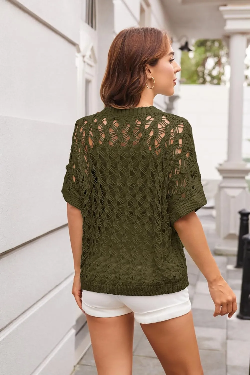 GRACE KARIN Women's 2025 Spring Summer Crochet Tops Scoop Neck Pullover Sweater Short Sleeve Off Shoulder Knit Beach Coverup