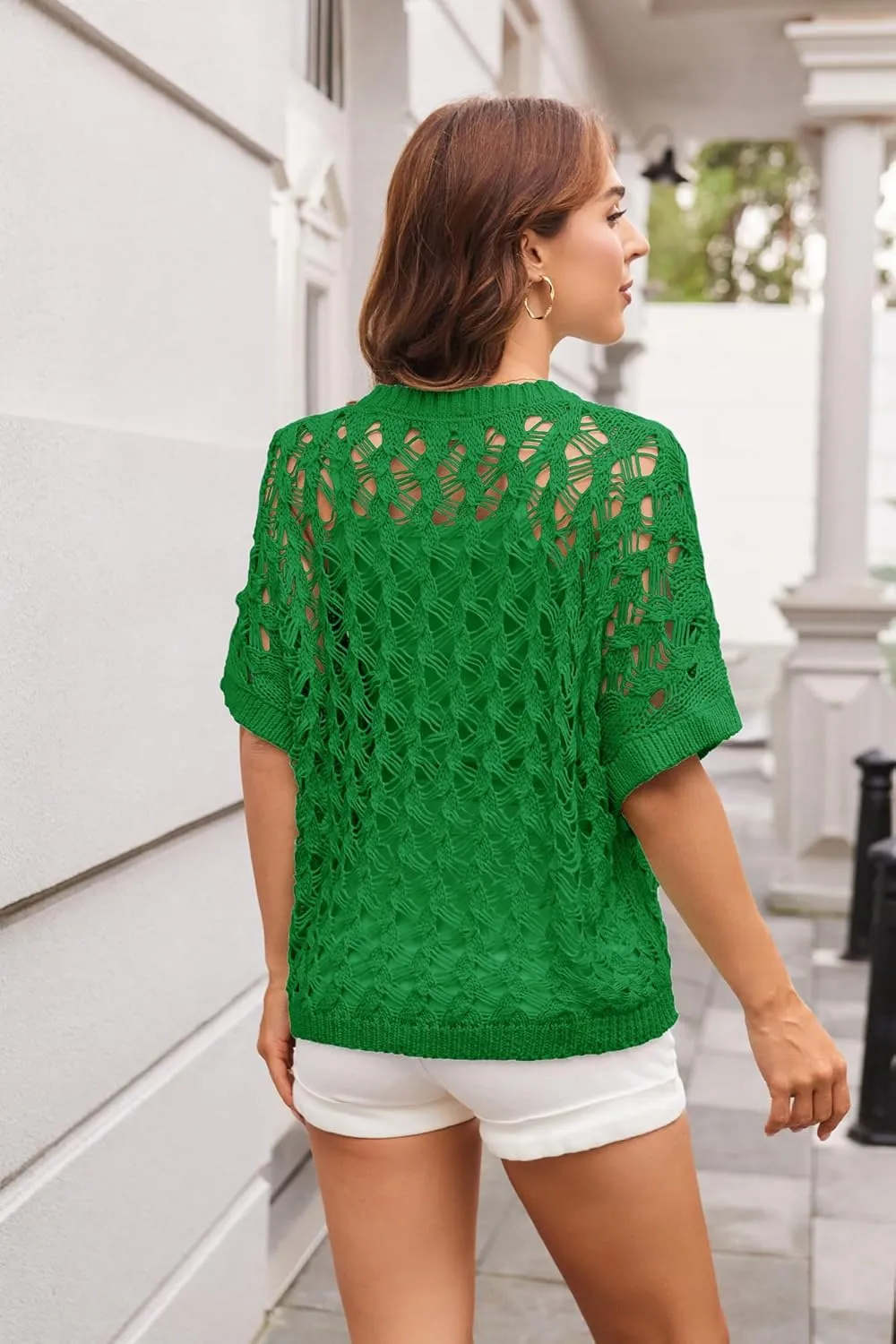 GRACE KARIN Women's 2025 Spring Summer Crochet Tops Scoop Neck Pullover Sweater Short Sleeve Off Shoulder Knit Beach Coverup
