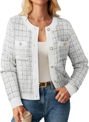 GRACE KARIN Womens Open Front Button Down Long Sleeve Texture Knit Cardigan Sweaters with Pockets