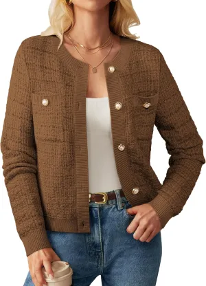 GRACE KARIN Womens Open Front Button Down Long Sleeve Texture Knit Cardigan Sweaters with Pockets