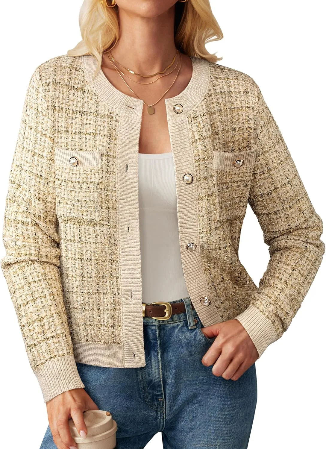 GRACE KARIN Womens Open Front Button Down Long Sleeve Texture Knit Cardigan Sweaters with Pockets