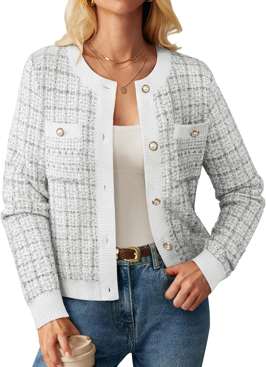 GRACE KARIN Womens Open Front Button Down Long Sleeve Texture Knit Cardigan Sweaters with Pockets