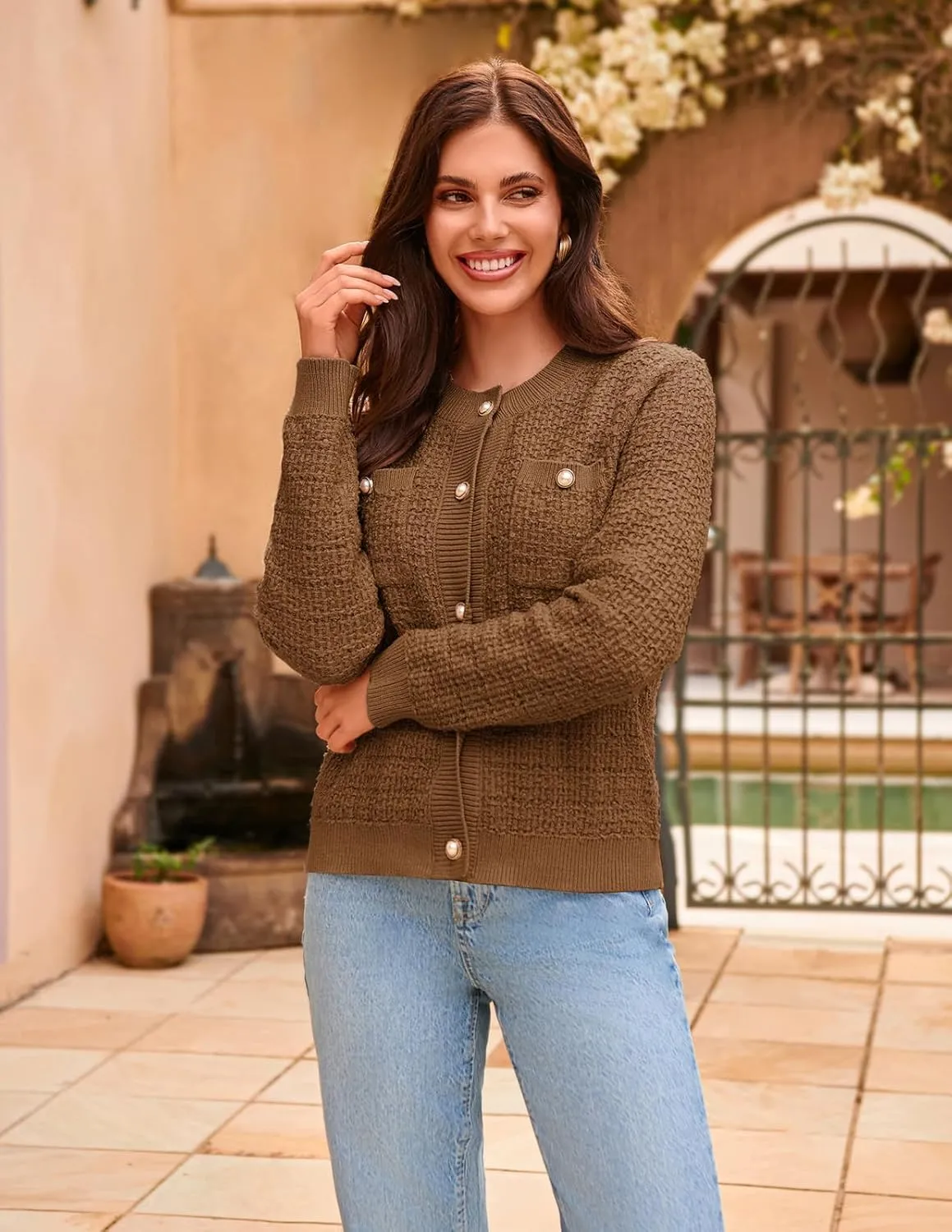GRACE KARIN Womens Open Front Button Down Long Sleeve Texture Knit Cardigan Sweaters with Pockets