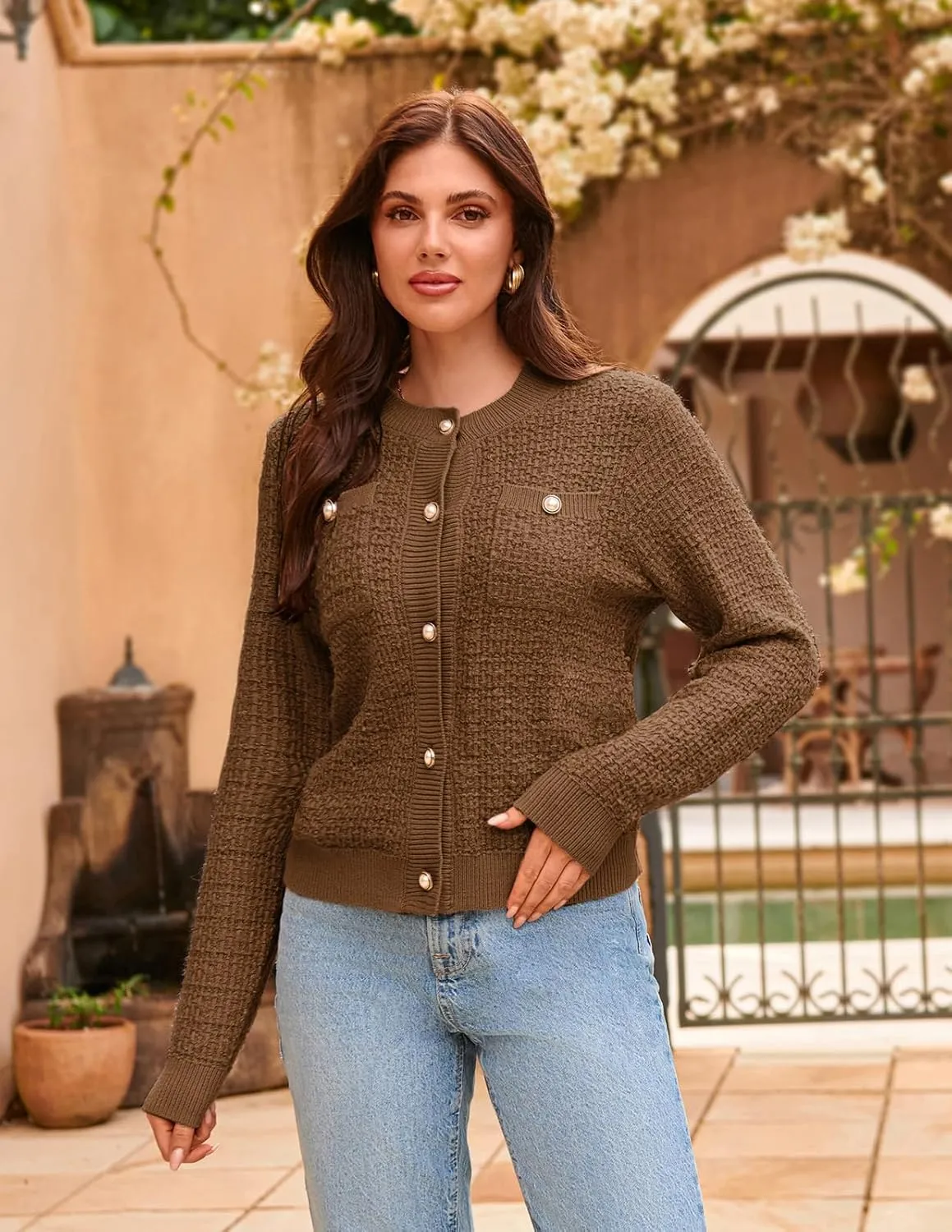 GRACE KARIN Womens Open Front Button Down Long Sleeve Texture Knit Cardigan Sweaters with Pockets