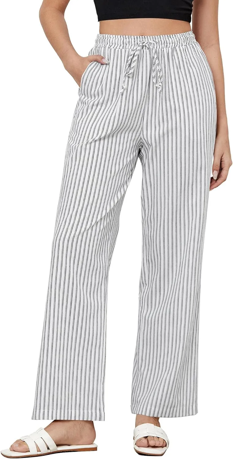 GRAPENT Striped Pants for Women High Waisted Wide Leg Cotton Linen Trendy Beach Pull On Elastic Waist Casual Flowy Pants