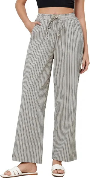 GRAPENT Striped Pants for Women High Waisted Wide Leg Cotton Linen Trendy Beach Pull On Elastic Waist Casual Flowy Pants