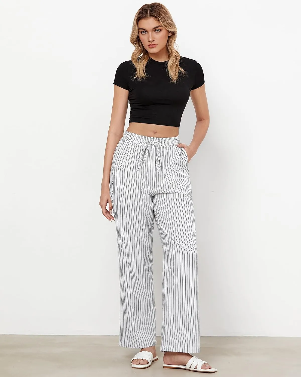 GRAPENT Striped Pants for Women High Waisted Wide Leg Cotton Linen Trendy Beach Pull On Elastic Waist Casual Flowy Pants