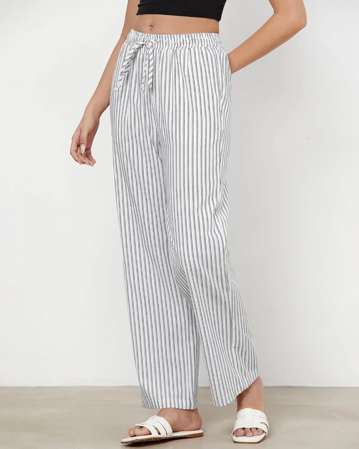 GRAPENT Striped Pants for Women High Waisted Wide Leg Cotton Linen Trendy Beach Pull On Elastic Waist Casual Flowy Pants