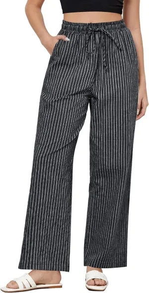GRAPENT Striped Pants for Women High Waisted Wide Leg Cotton Linen Trendy Beach Pull On Elastic Waist Casual Flowy Pants