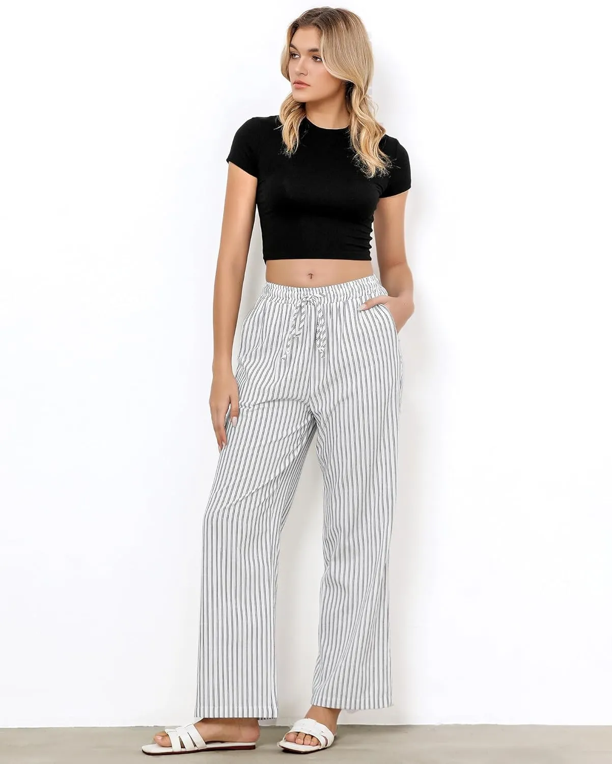 GRAPENT Striped Pants for Women High Waisted Wide Leg Cotton Linen Trendy Beach Pull On Elastic Waist Casual Flowy Pants