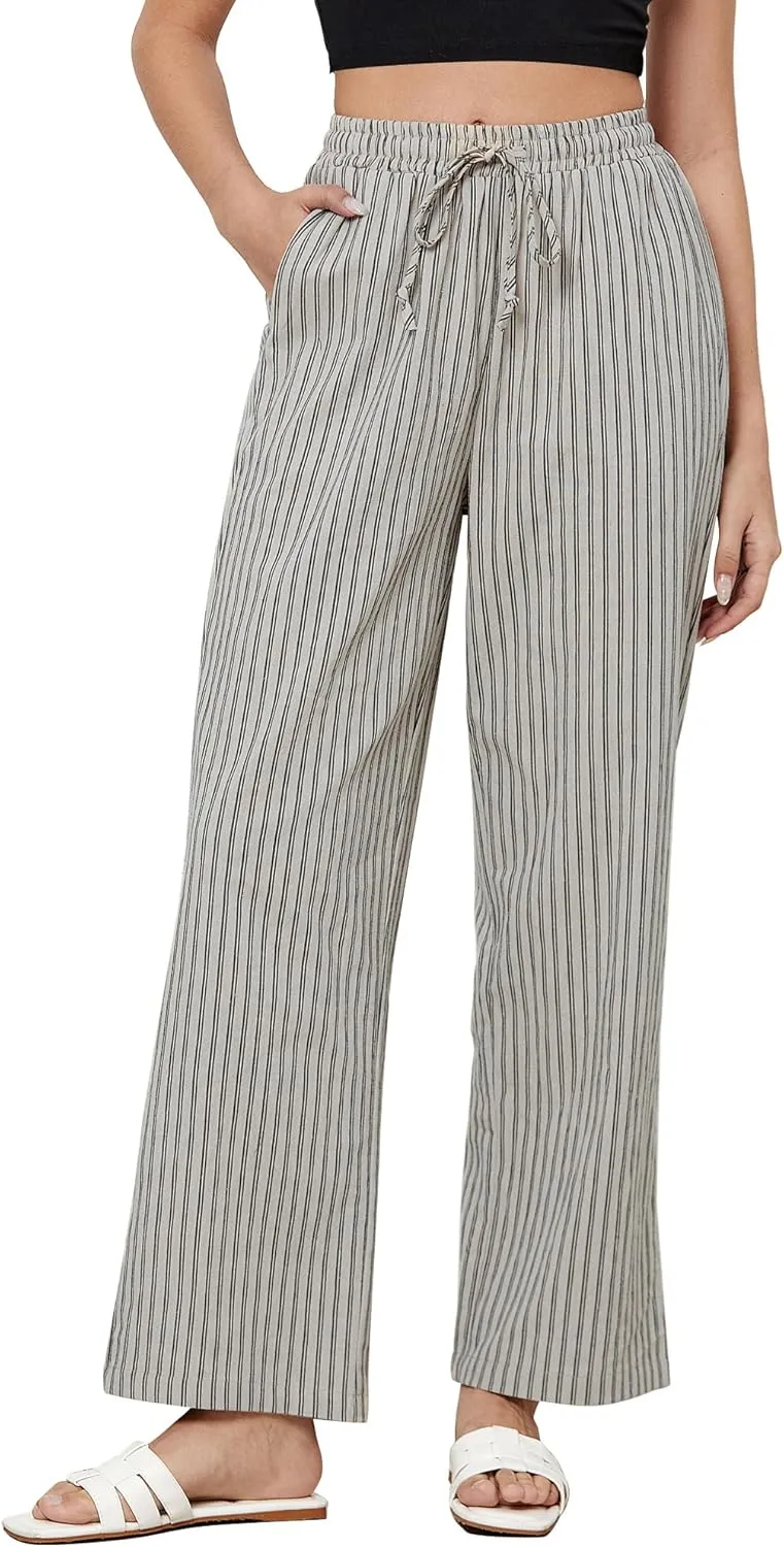 GRAPENT Striped Pants for Women High Waisted Wide Leg Cotton Linen Trendy Beach Pull On Elastic Waist Casual Flowy Pants
