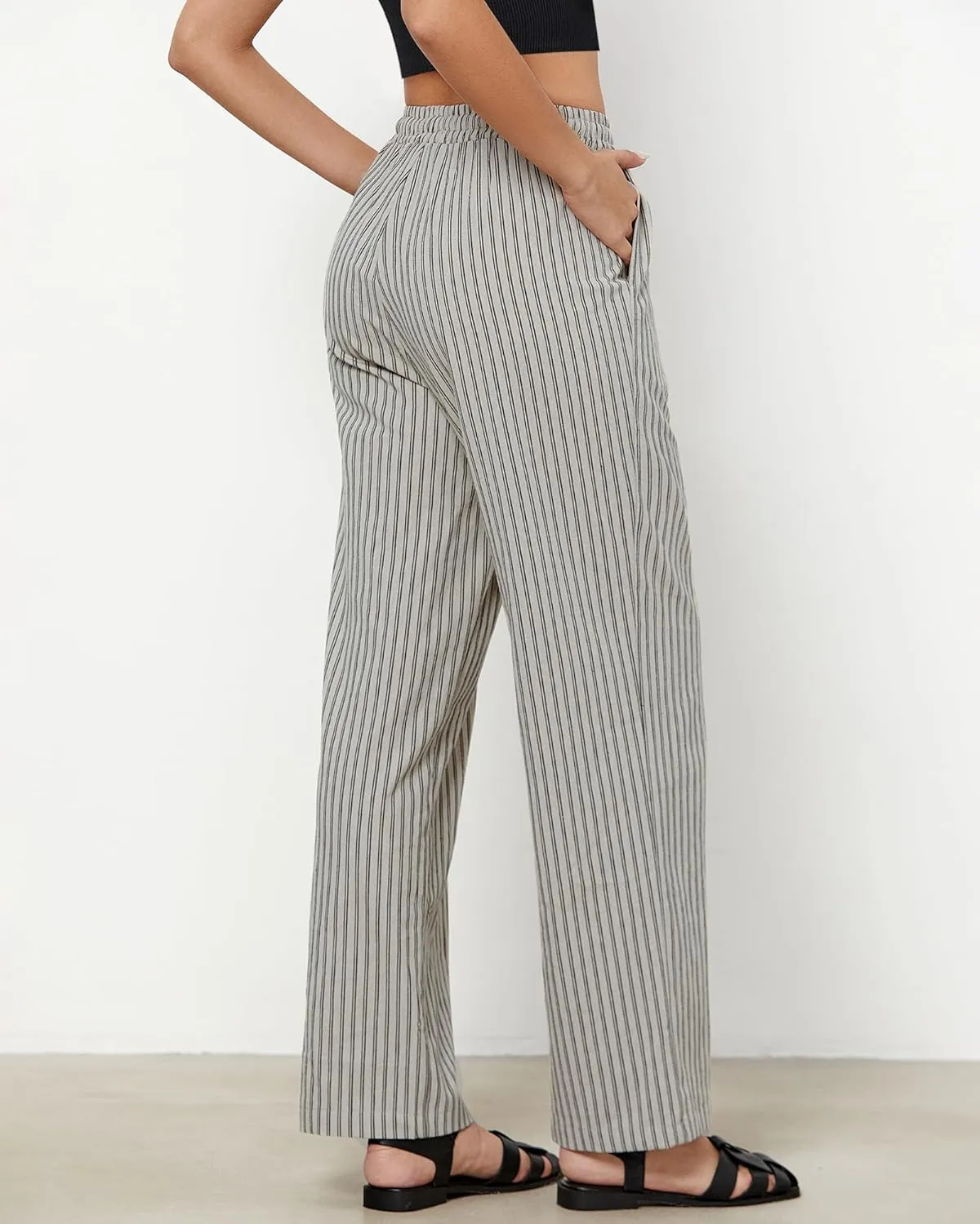 GRAPENT Striped Pants for Women High Waisted Wide Leg Cotton Linen Trendy Beach Pull On Elastic Waist Casual Flowy Pants