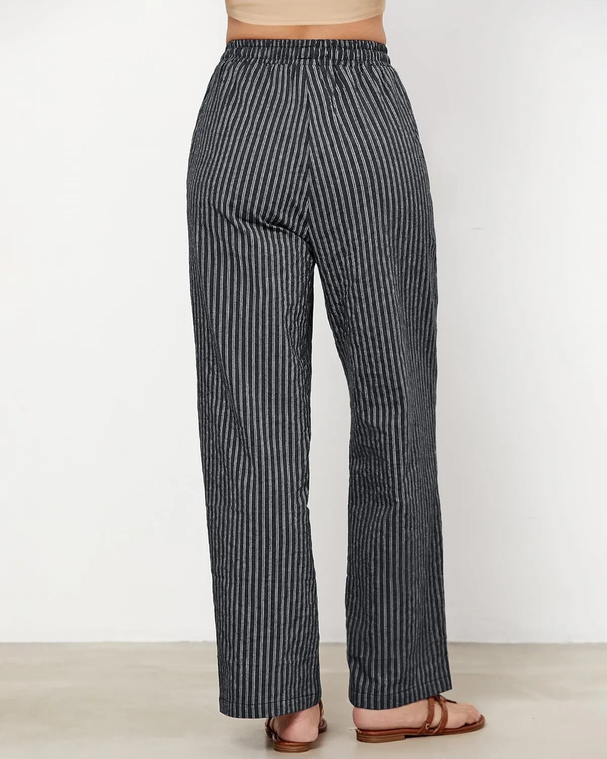 GRAPENT Striped Pants for Women High Waisted Wide Leg Cotton Linen Trendy Beach Pull On Elastic Waist Casual Flowy Pants