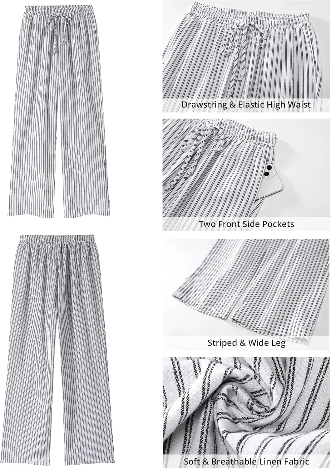 GRAPENT Striped Pants for Women High Waisted Wide Leg Cotton Linen Trendy Beach Pull On Elastic Waist Casual Flowy Pants