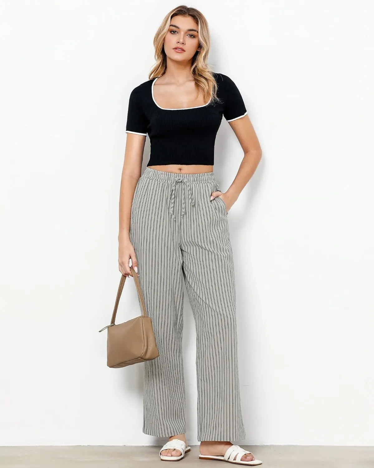 GRAPENT Striped Pants for Women High Waisted Wide Leg Cotton Linen Trendy Beach Pull On Elastic Waist Casual Flowy Pants