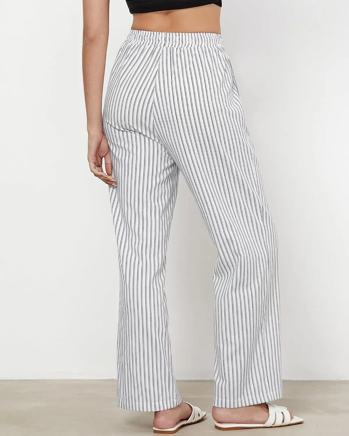GRAPENT Striped Pants for Women High Waisted Wide Leg Cotton Linen Trendy Beach Pull On Elastic Waist Casual Flowy Pants