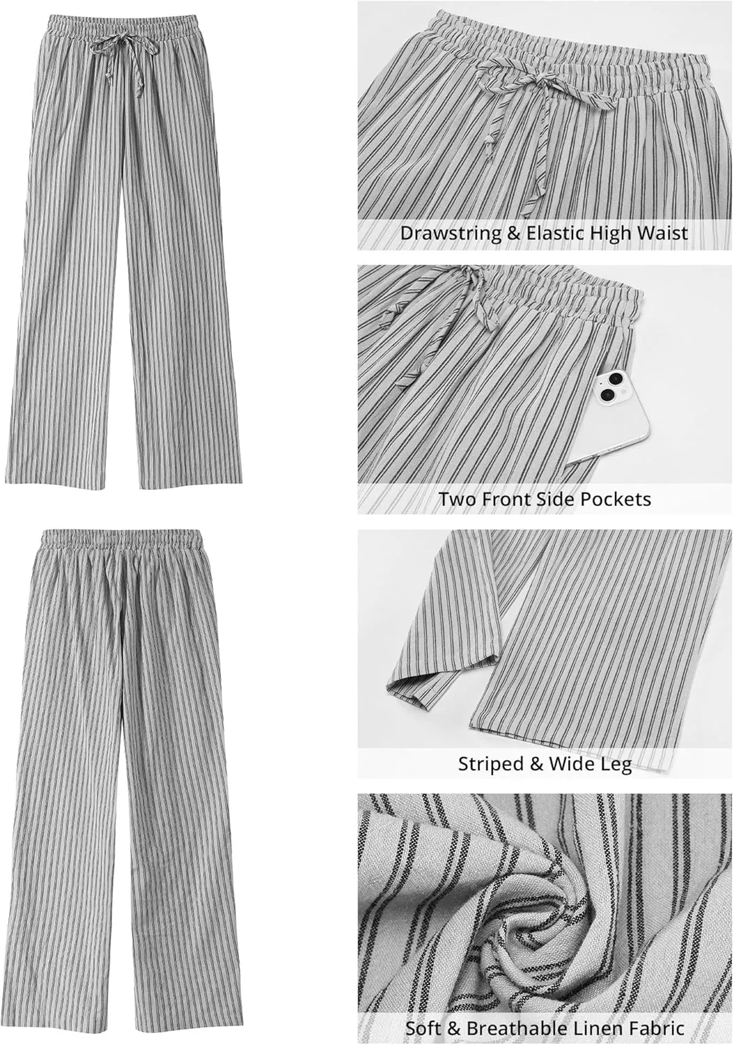GRAPENT Striped Pants for Women High Waisted Wide Leg Cotton Linen Trendy Beach Pull On Elastic Waist Casual Flowy Pants