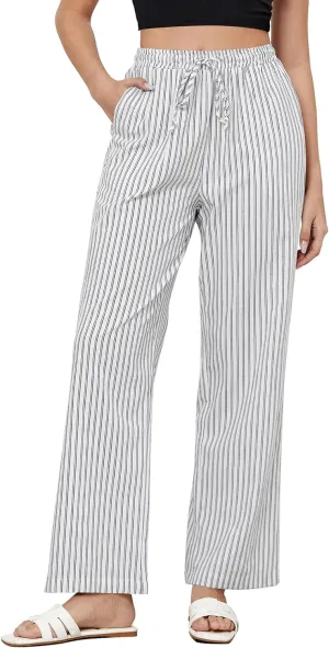 GRAPENT Striped Pants for Women High Waisted Wide Leg Cotton Linen Trendy Beach Pull On Elastic Waist Casual Flowy Pants
