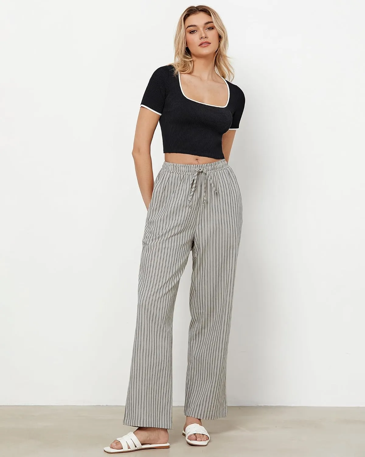 GRAPENT Striped Pants for Women High Waisted Wide Leg Cotton Linen Trendy Beach Pull On Elastic Waist Casual Flowy Pants