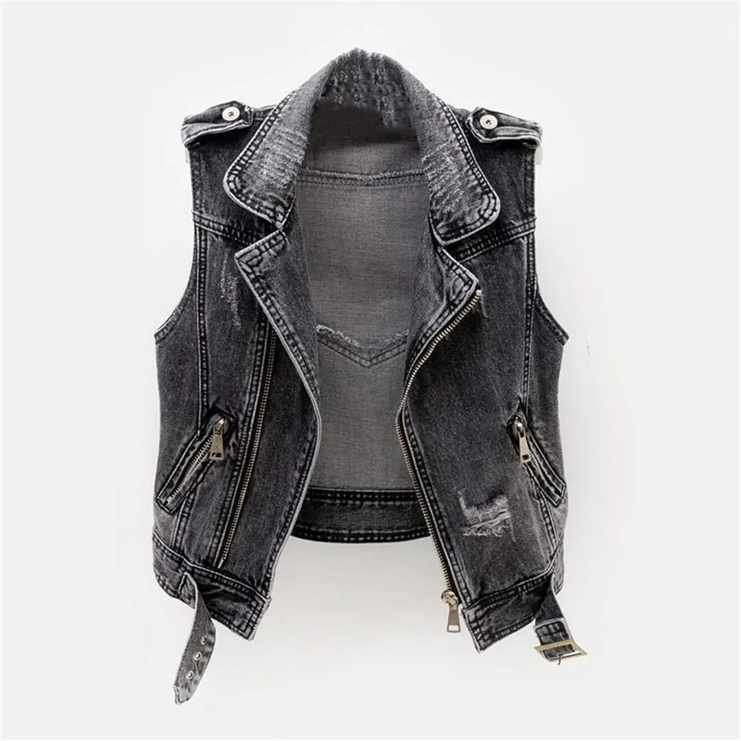 Gray Jean Cowboy Waistcoat Hole Denim Women Vest Female Sleeveless Tops Short Jacket