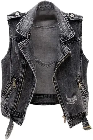 Gray Jean Cowboy Waistcoat Hole Denim Women Vest Female Sleeveless Tops Short Jacket