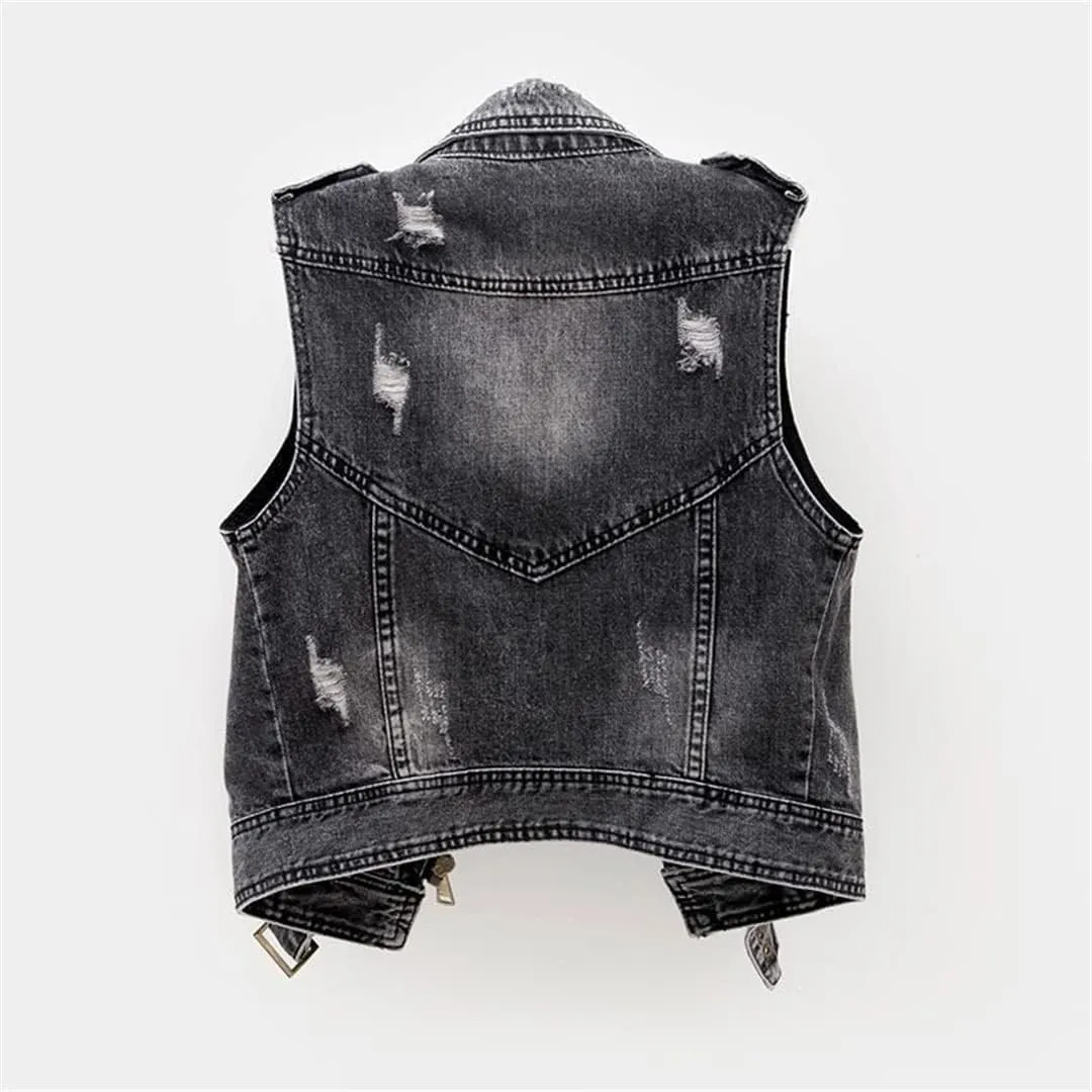 Gray Jean Cowboy Waistcoat Hole Denim Women Vest Female Sleeveless Tops Short Jacket