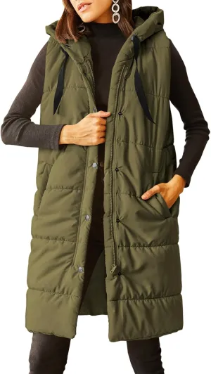 Grlasen Women's Long Quilted Puffer Vest Sleeveless Hooded Button Down Padded Coats Jacket Outerwear with Pockets