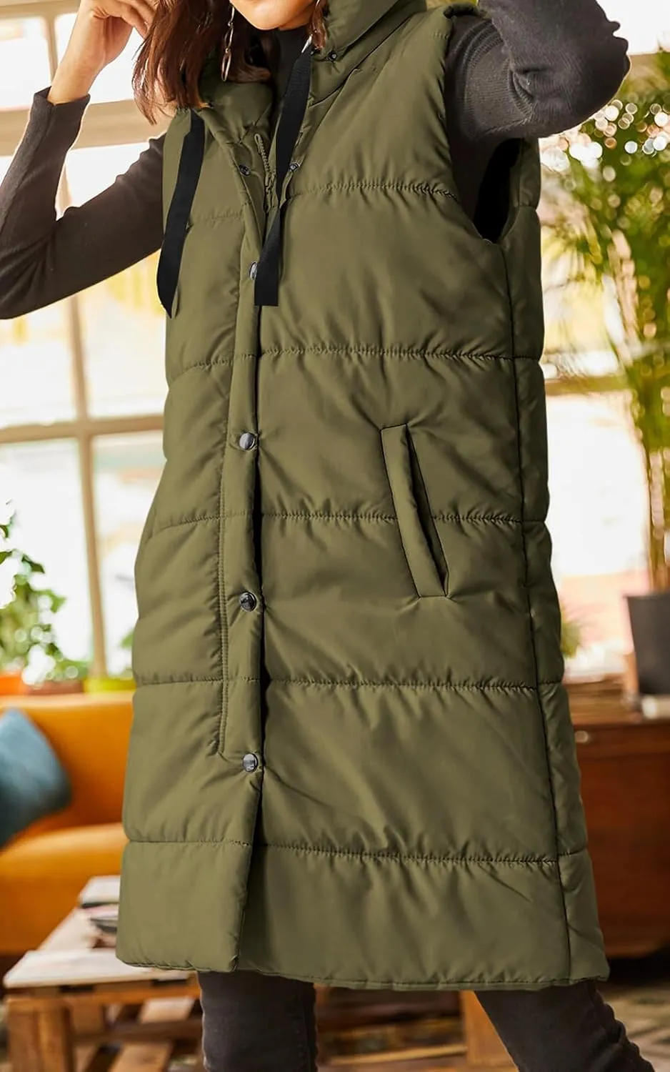 Grlasen Women's Long Quilted Puffer Vest Sleeveless Hooded Button Down Padded Coats Jacket Outerwear with Pockets