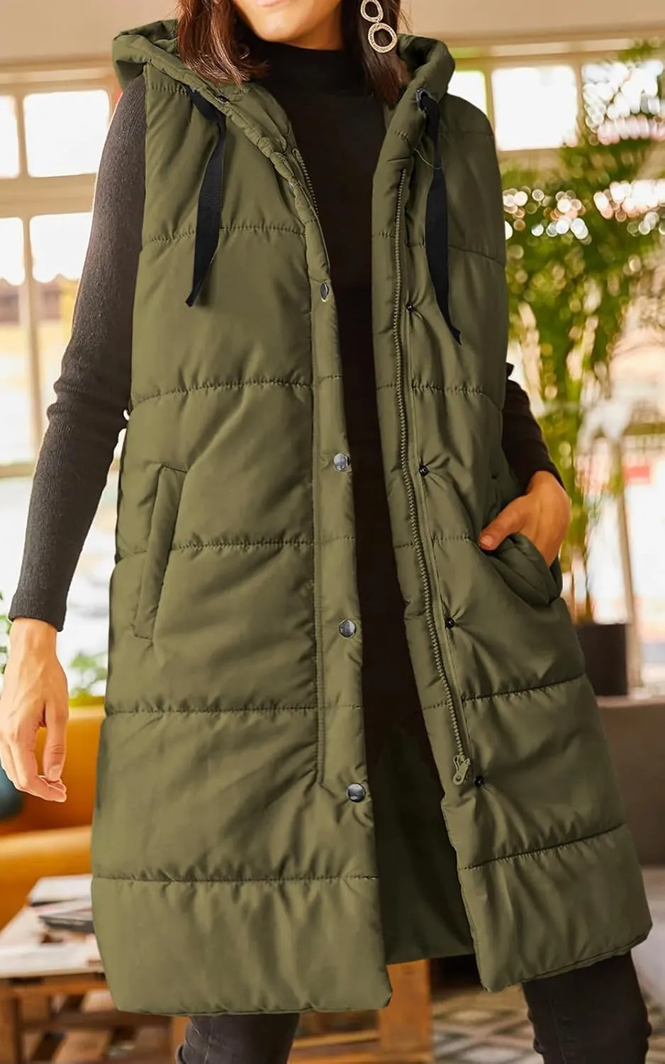 Grlasen Women's Long Quilted Puffer Vest Sleeveless Hooded Button Down Padded Coats Jacket Outerwear with Pockets