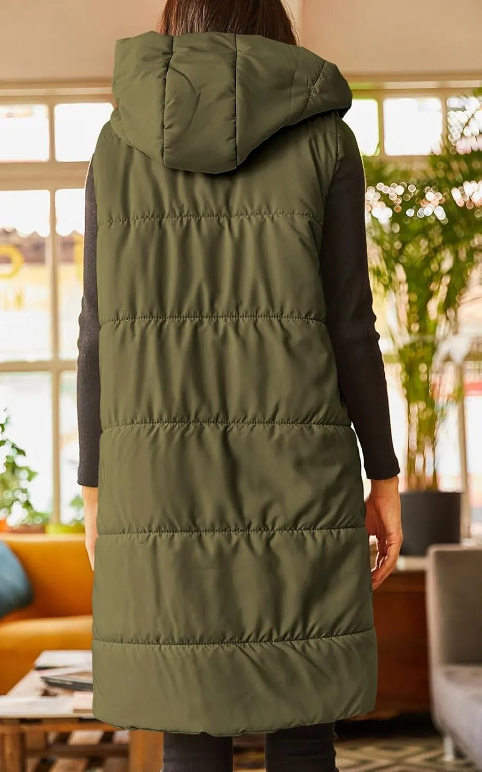 Grlasen Women's Long Quilted Puffer Vest Sleeveless Hooded Button Down Padded Coats Jacket Outerwear with Pockets