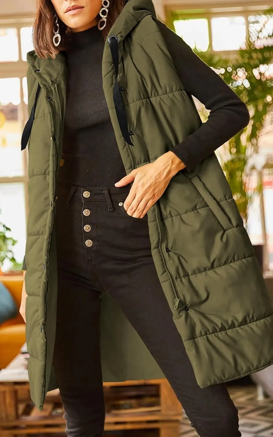 Grlasen Women's Long Quilted Puffer Vest Sleeveless Hooded Button Down Padded Coats Jacket Outerwear with Pockets